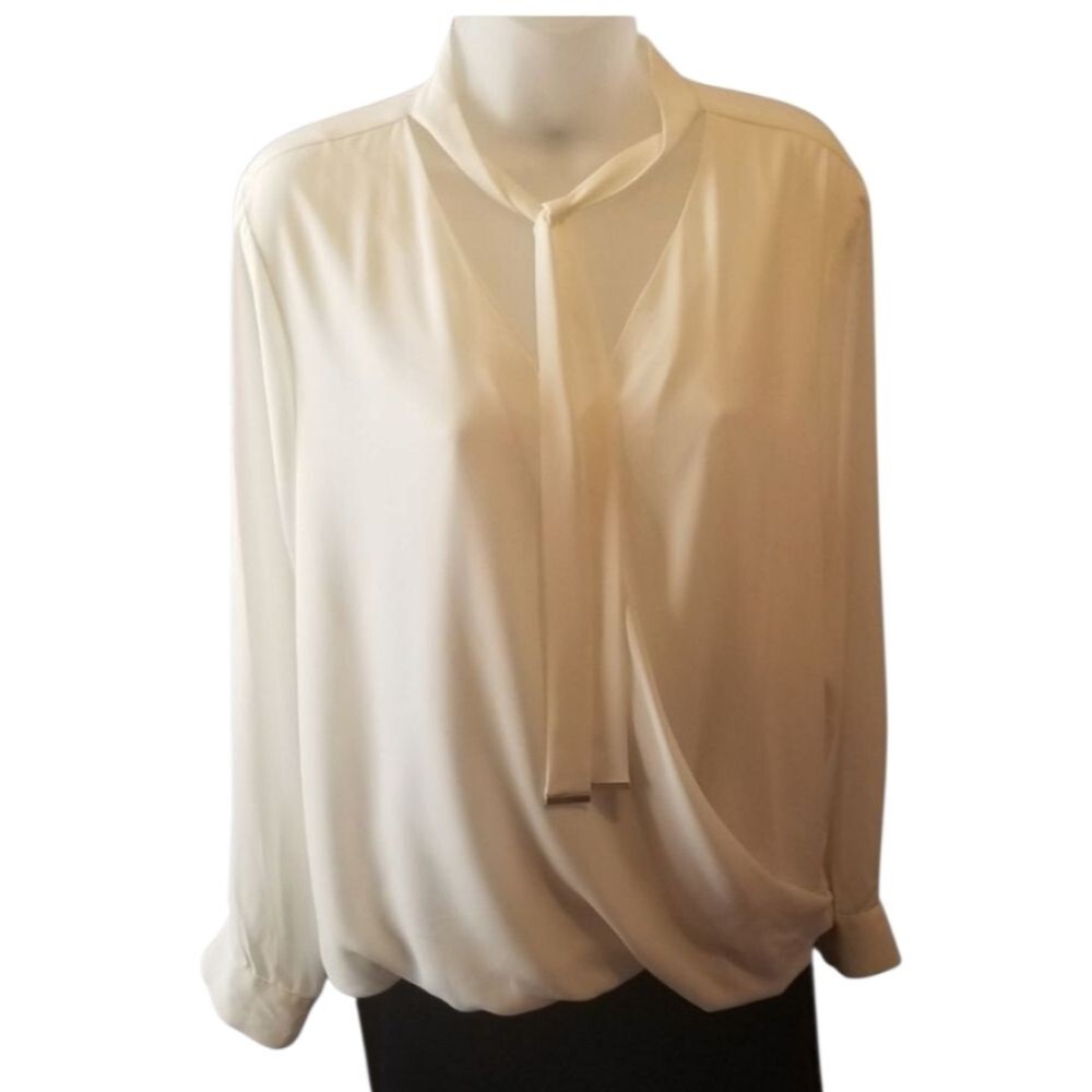Alfani Ivory Faux Wrap, Necktie Popover Blouse PTP 22